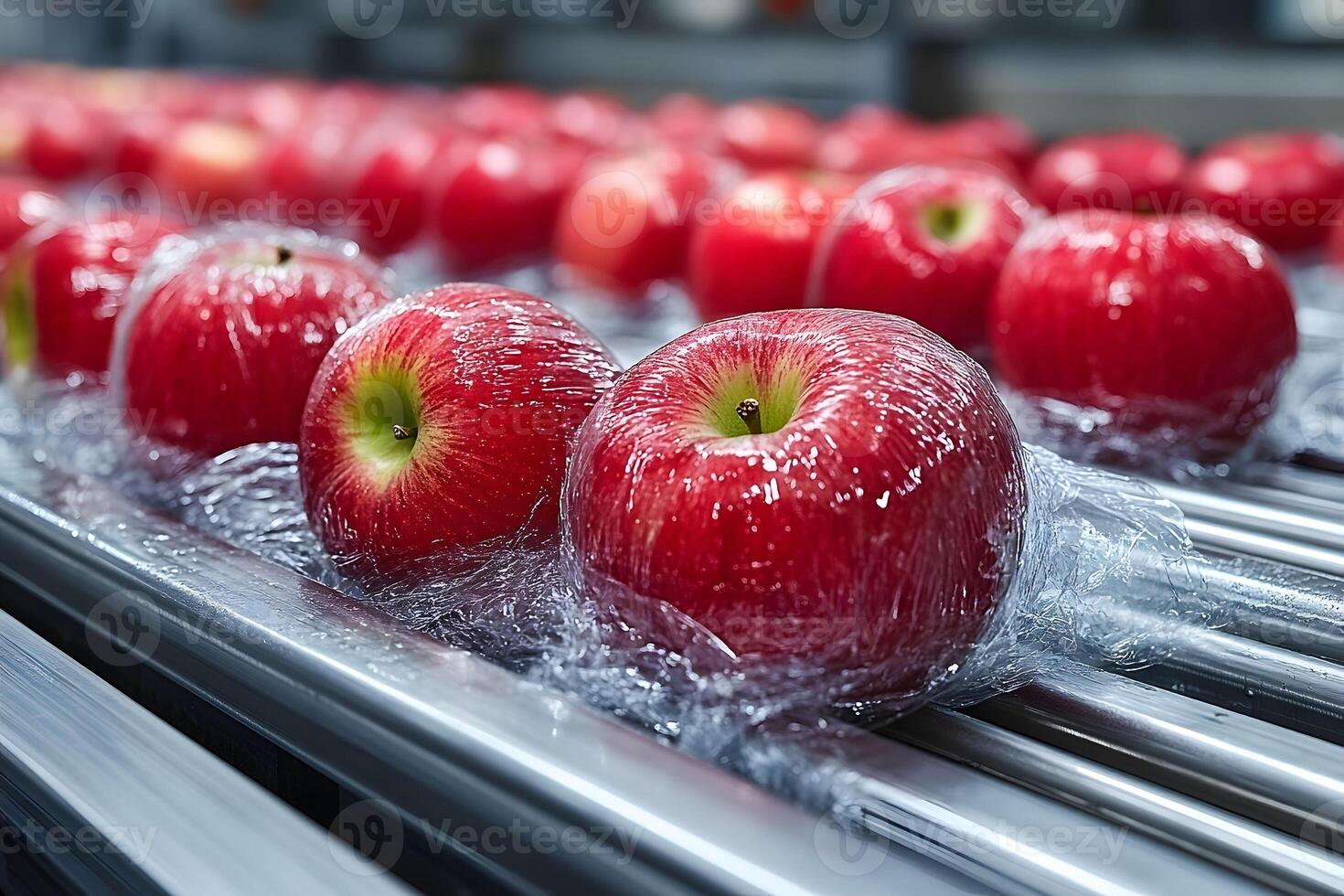 Fresh Red Apples Encased in Protective Plastic Wrap on Automated Production Line for Food Packaging photo