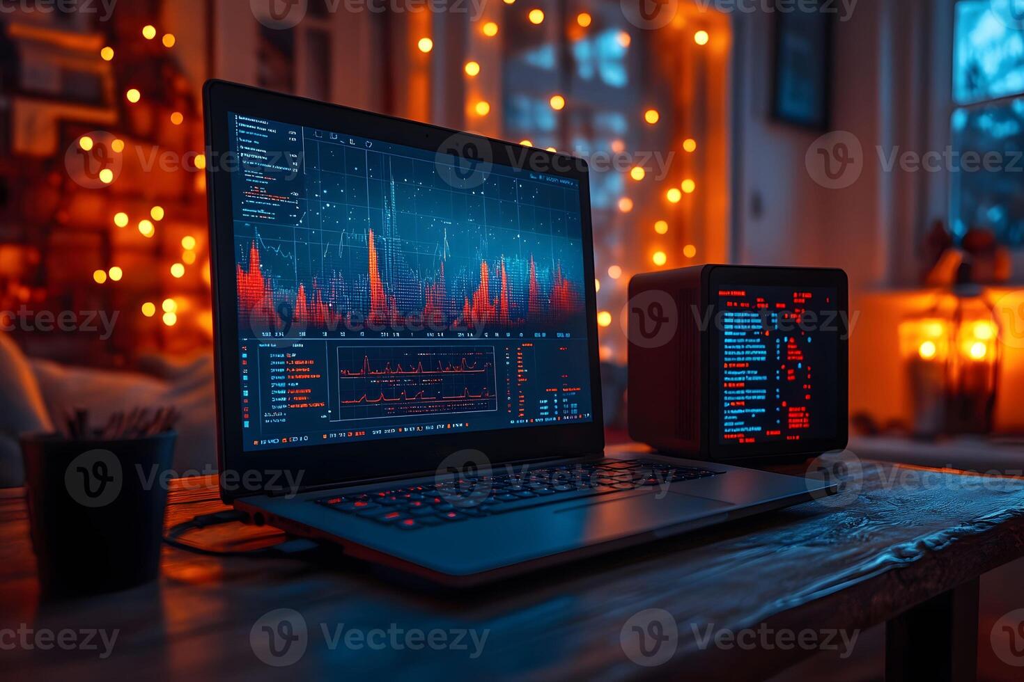 Data Analytics on Laptop with Ambient Lighting for Modern Workspace Design photo