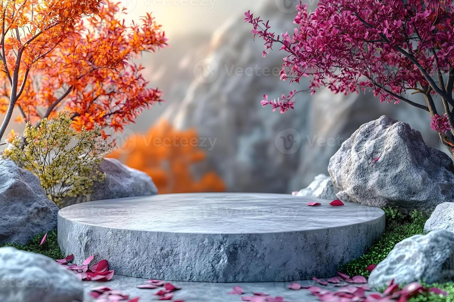 Zen Garden Stone Platform with Autumn and Spring Foliage - Perfect for Meditation and Tranquility photo