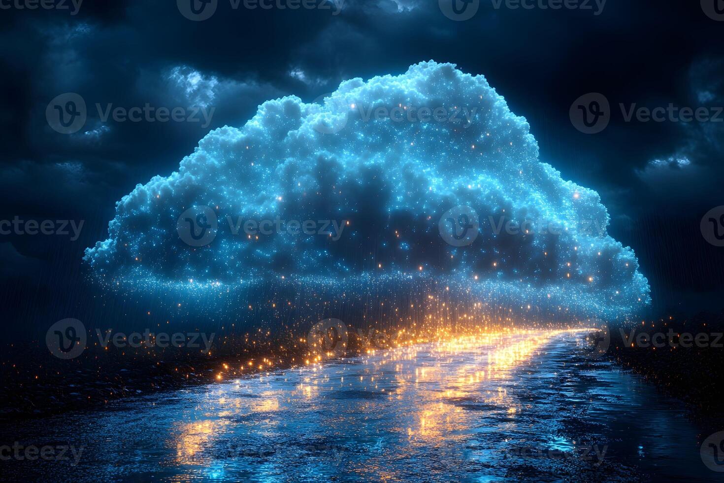 Futuristic Cloud with Neon Glow Over Wet Road Reflecting Abstract Light photo