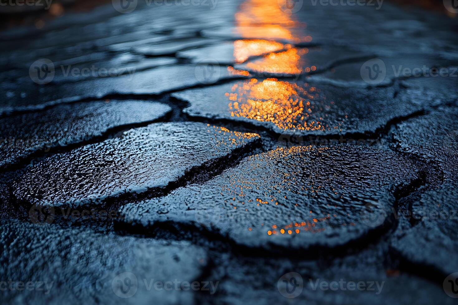 Abstract Pattern Reflections on Wet Pavement with Warm Light photo
