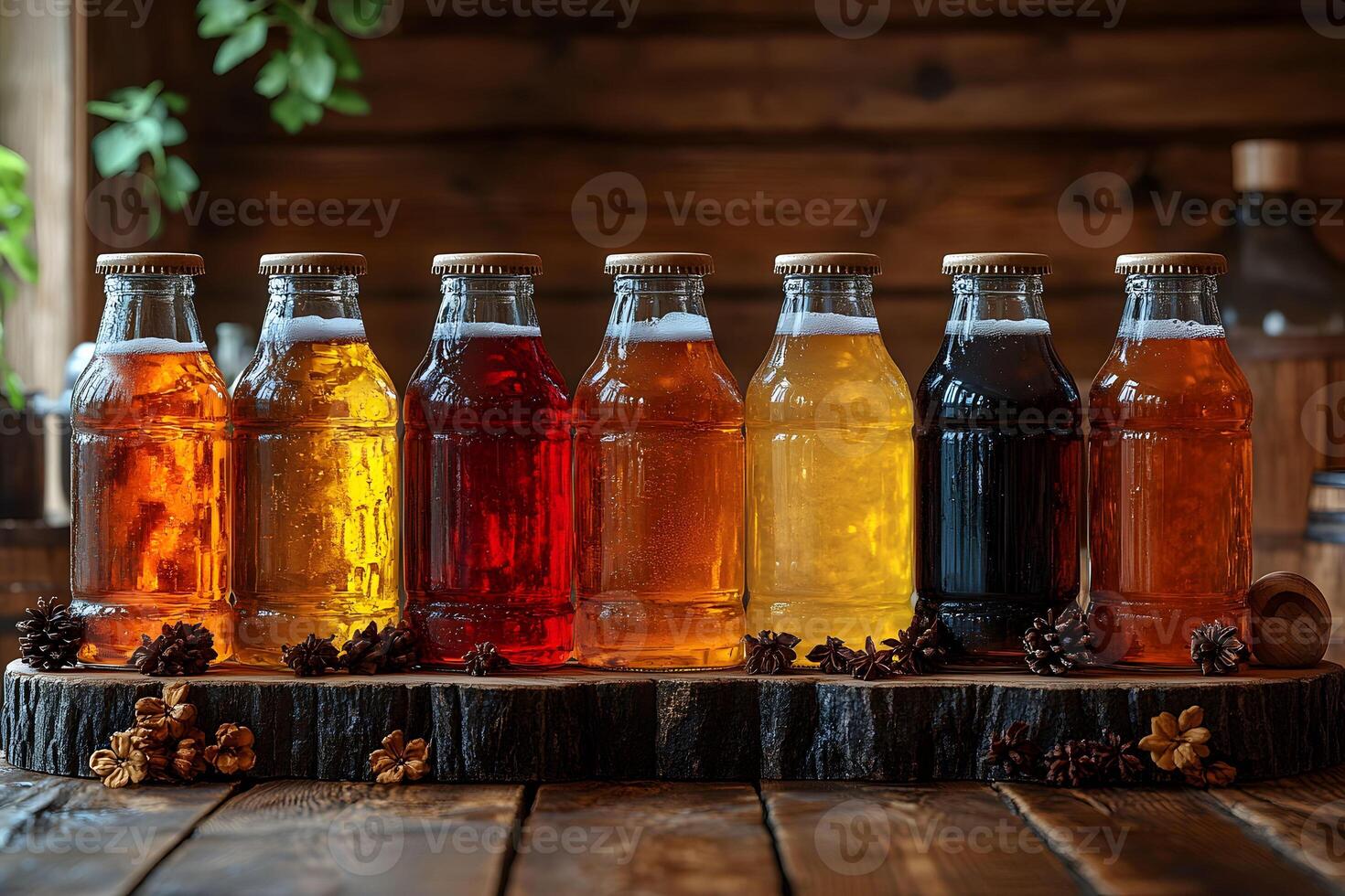 Rustic Craft Beer Assortment Displayed in a Cozy Wooden Setting for Autumn Concepts photo