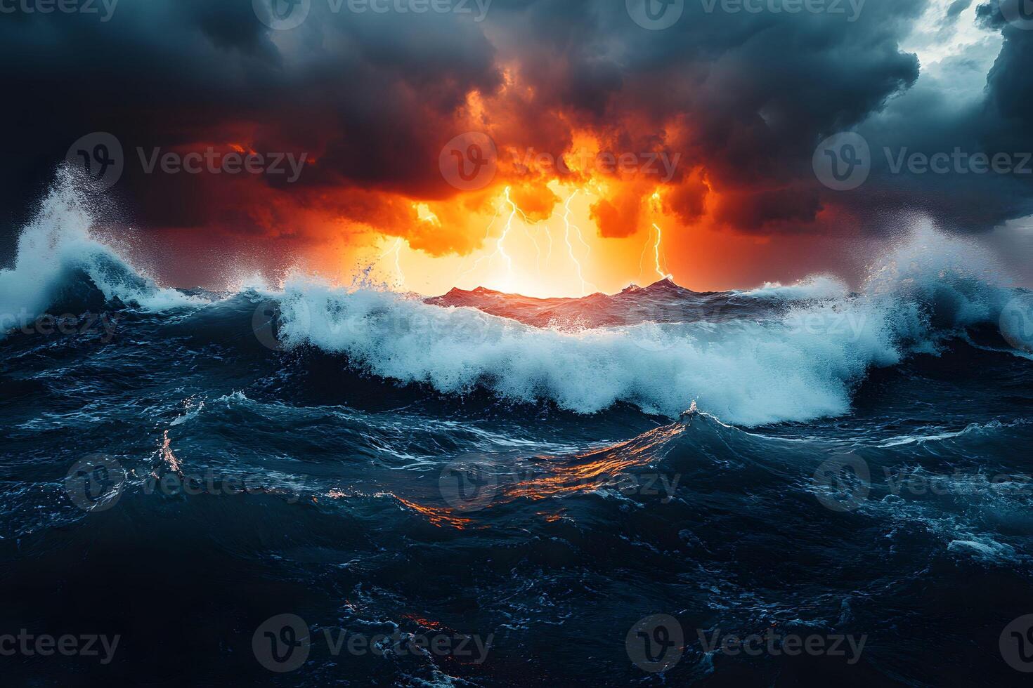Dramatic Stormy Ocean at Sunset with Striking Lightning and Tumultuous Waves photo