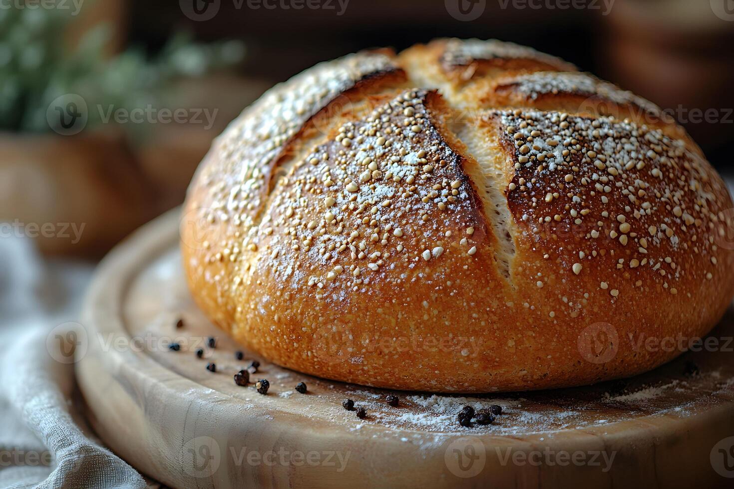 Artisan Bread on Wooden Board with Rustic Seeds - Perfect for Culinary Blogs and Magazines photo