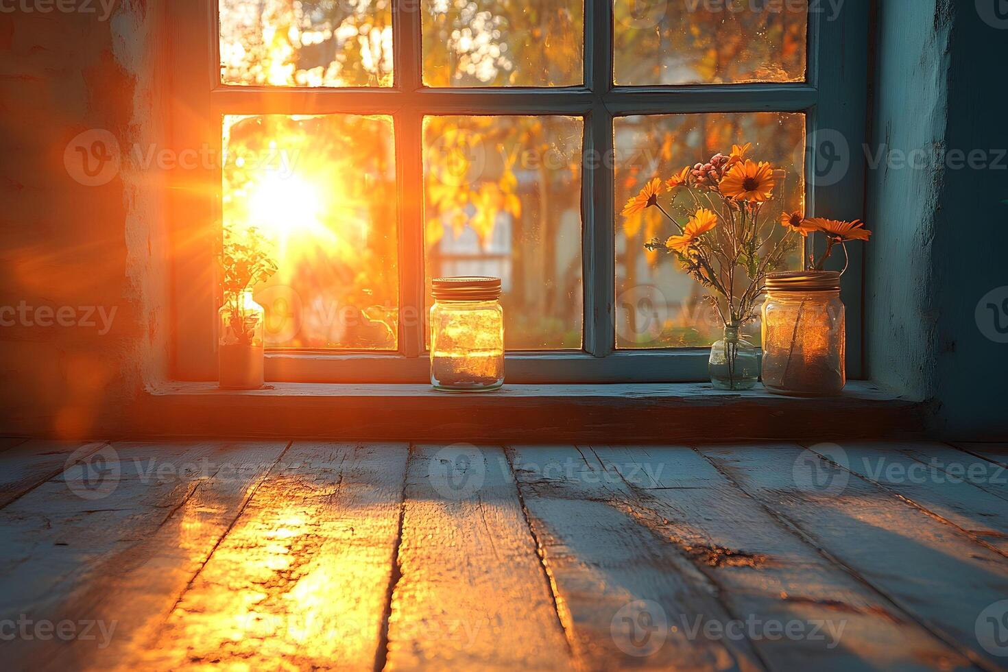 Cozy Autumn Morning Sunlit Window with Flowers and Warm Fall Atmosphere photo