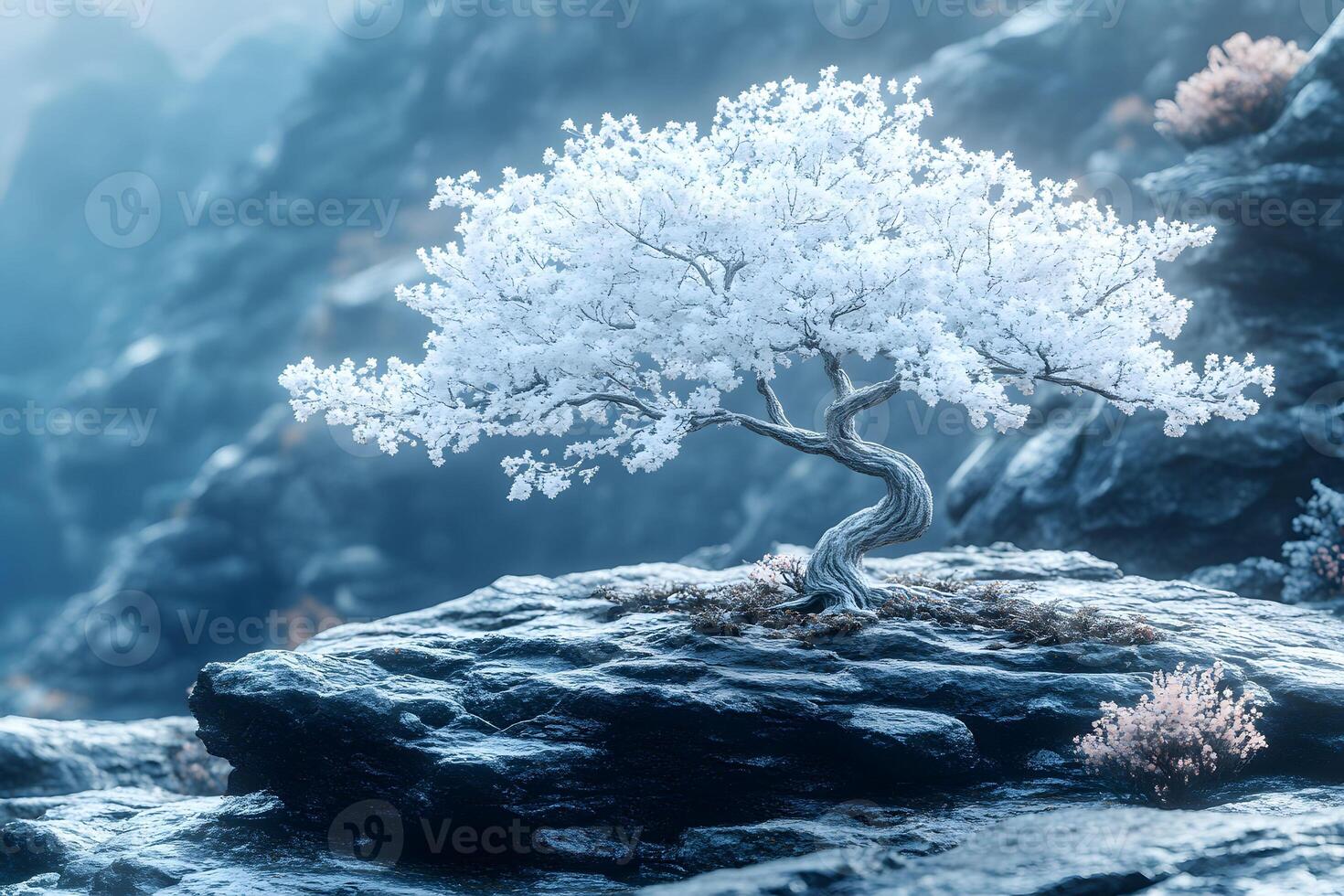 Peaceful Winter Bonsai Tree on Rocky Landscape for Tranquil Meditation Decor photo