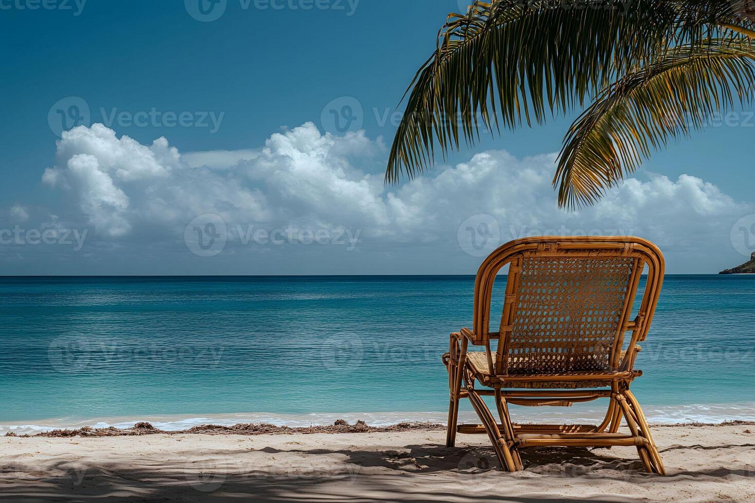 Tranquil Beach with Empty Bamboo Chair Under Palm Shade Overlooking Ocean photo