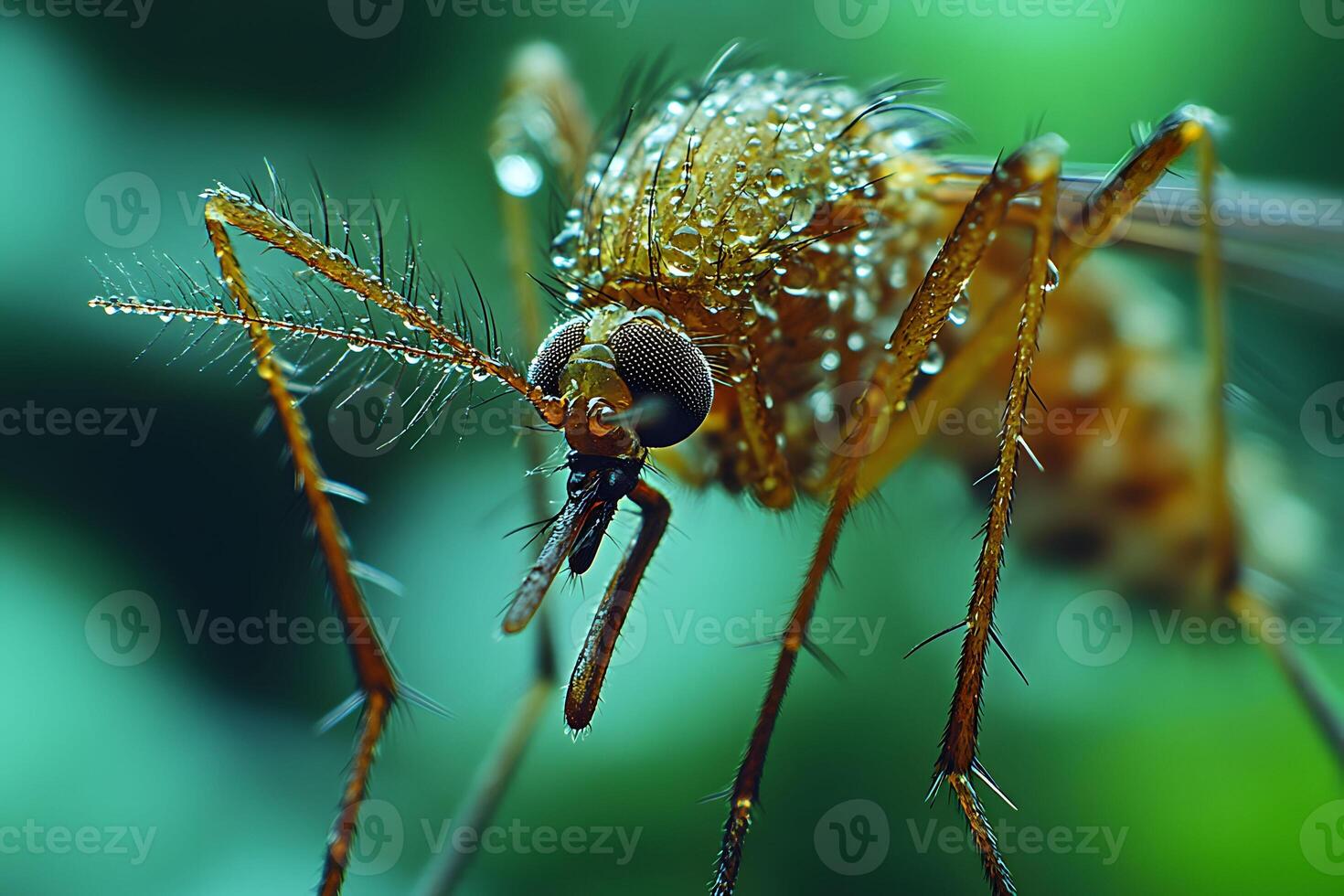Macro Photography of Dew-Covered Mosquito on Green Background for Nature Studies photo