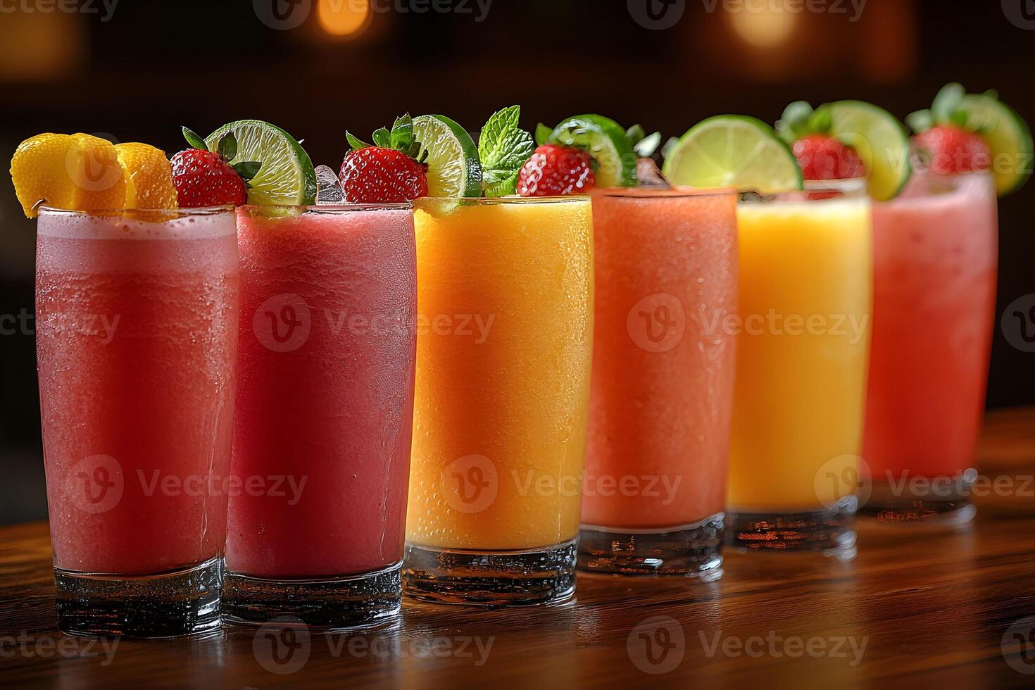 Colorful Assortment of Refreshing Fruit Smoothies with Citrus Garnishes for Summer Beverage Inspiration photo