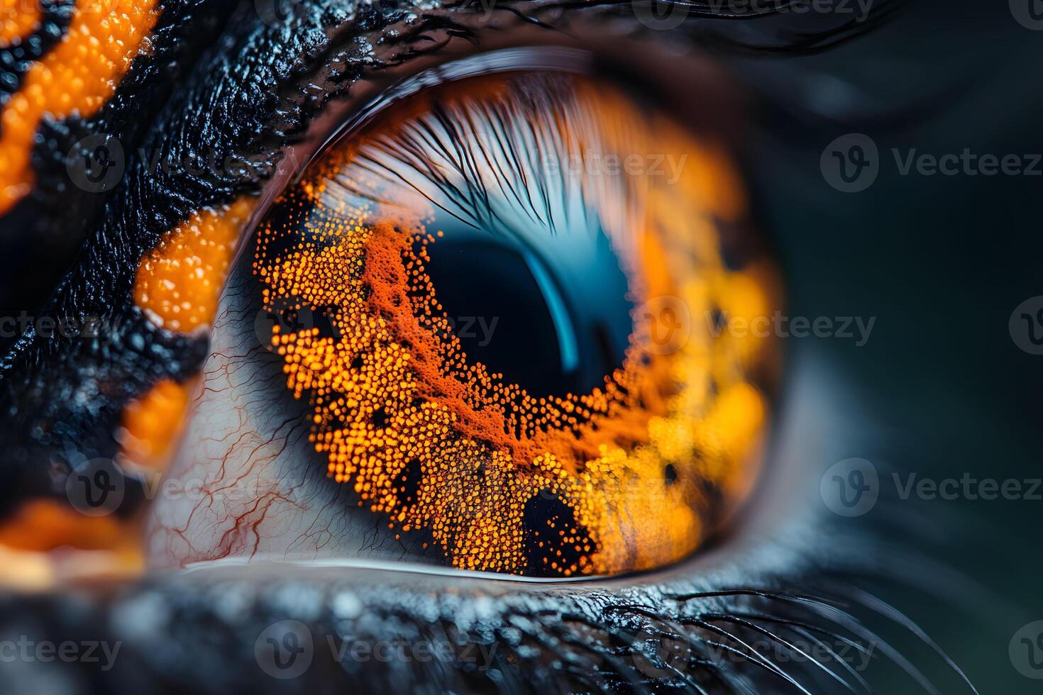 Close-Up of a Vibrant Orange and Black Reptile Eye with Intricate Details photo