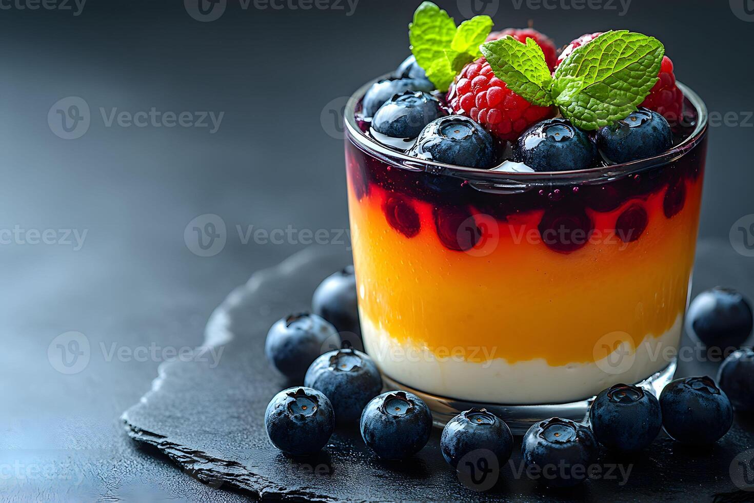 Layered Fruit Dessert with Raspberries and Blueberries on Slate photo