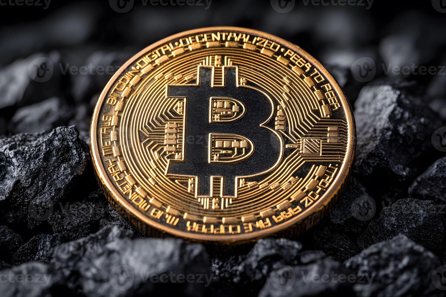 Gold Bitcoin Coin on Dark Rocks Representing Cryptocurrency and Finance Concepts photo