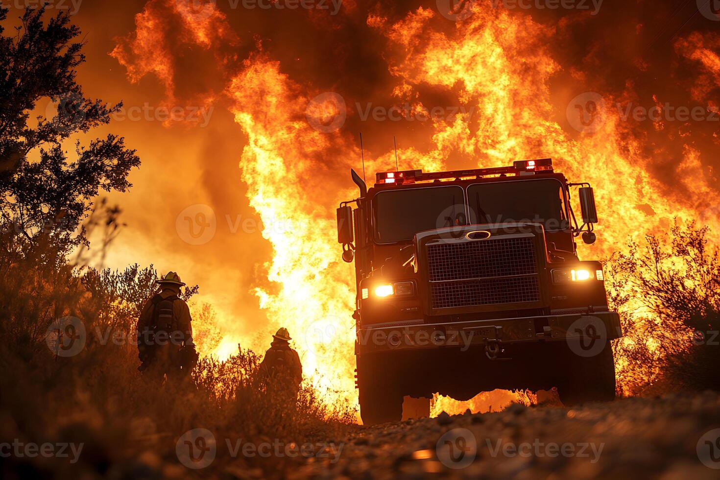 Intense Wildfire Response with Firefighters and Fire Truck Battling Heavy Flames photo