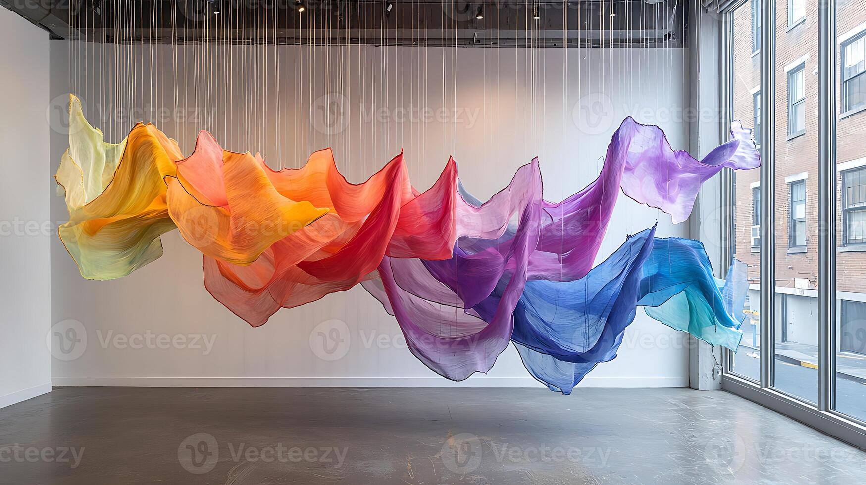 A large display of colorful fabric hanging from the ceiling photo