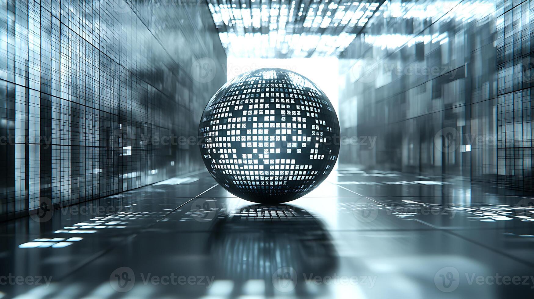 A computer ball in a dark room with many computer screens photo