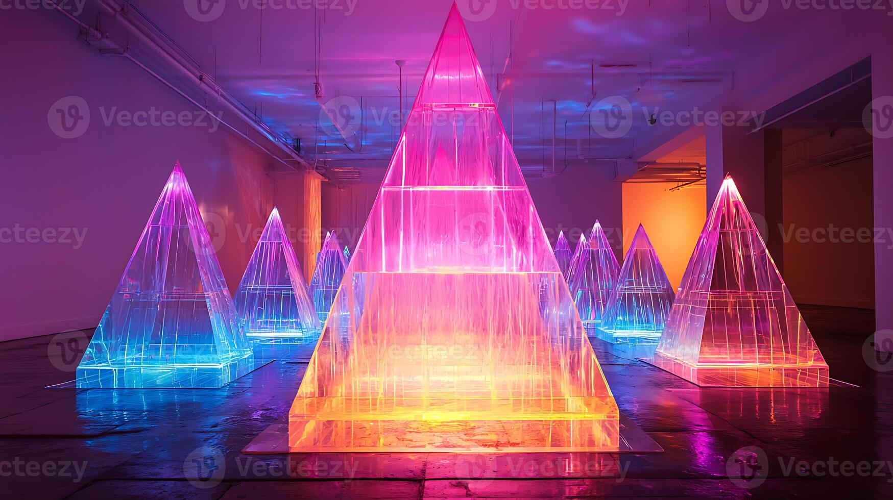 A group of colorful illuminated sculptures in an art gallery photo