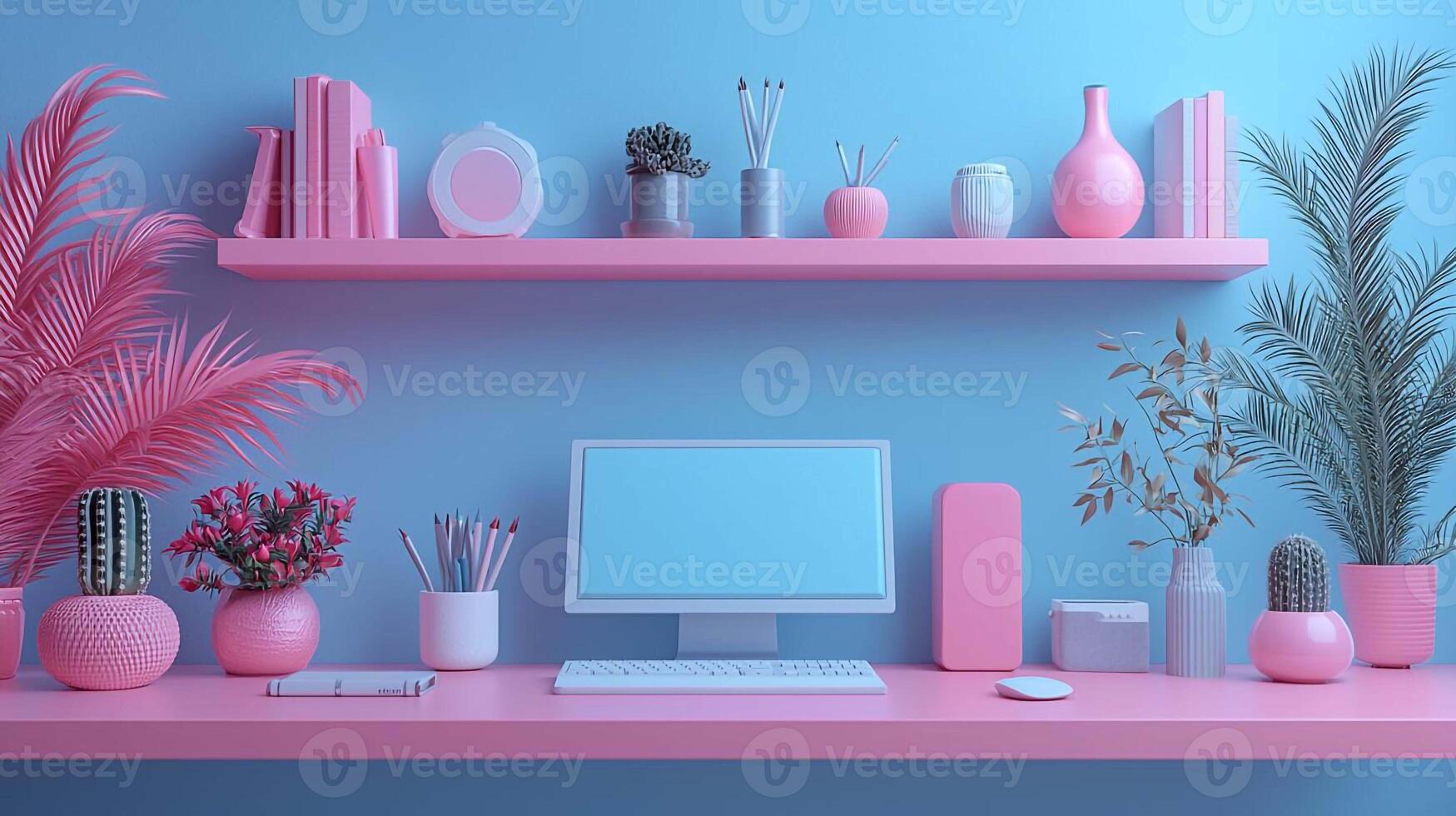 A pink and blue room with a computer, books, plants and a plant photo