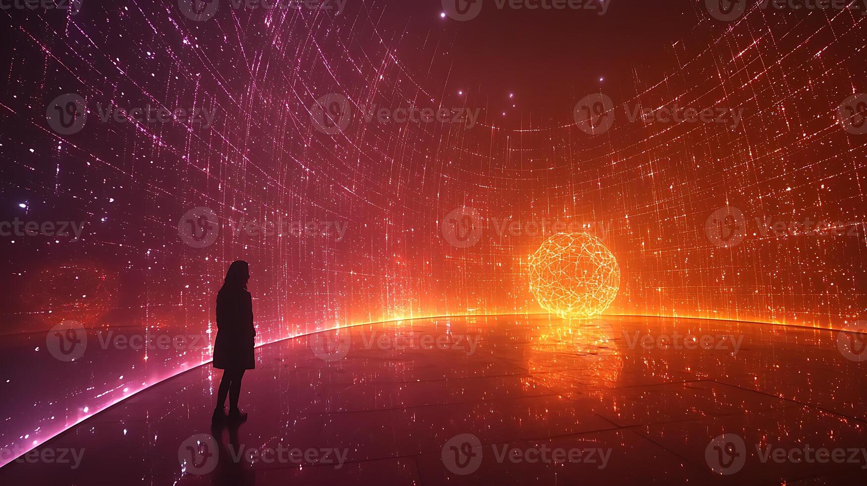 A person standing in front of a glowing sphere photo