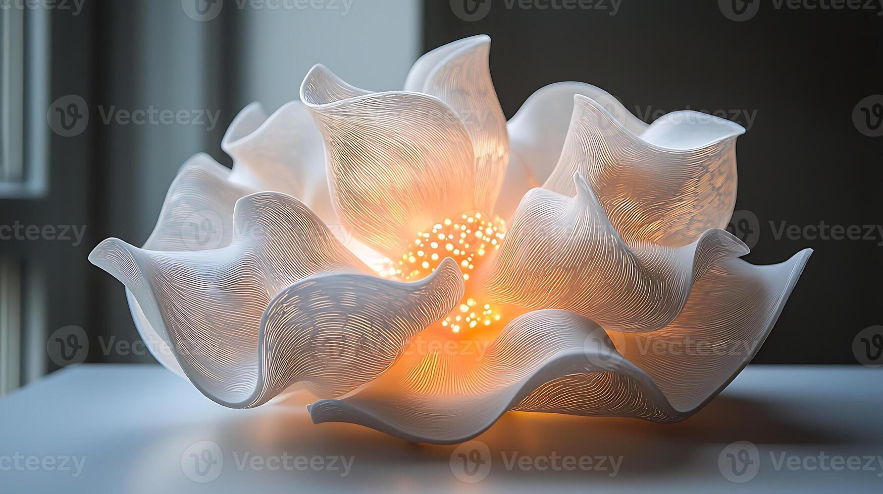 A white flower shaped lamp with a light bulb photo