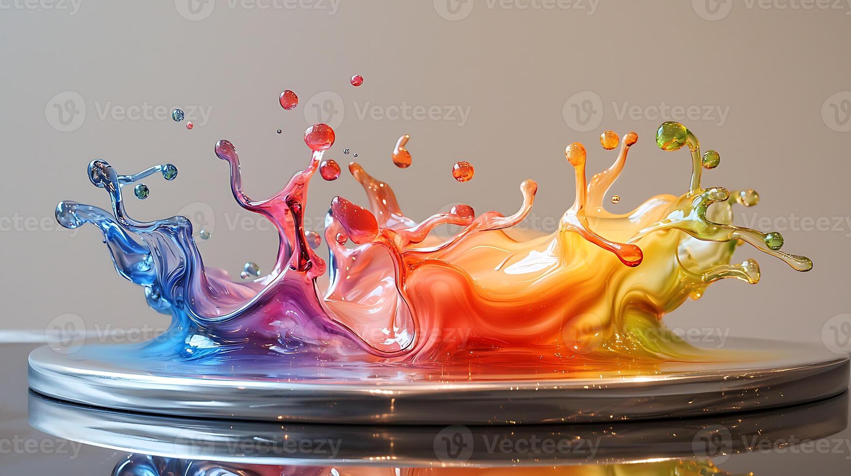 A colorful liquid splash is on top of a silver surface photo