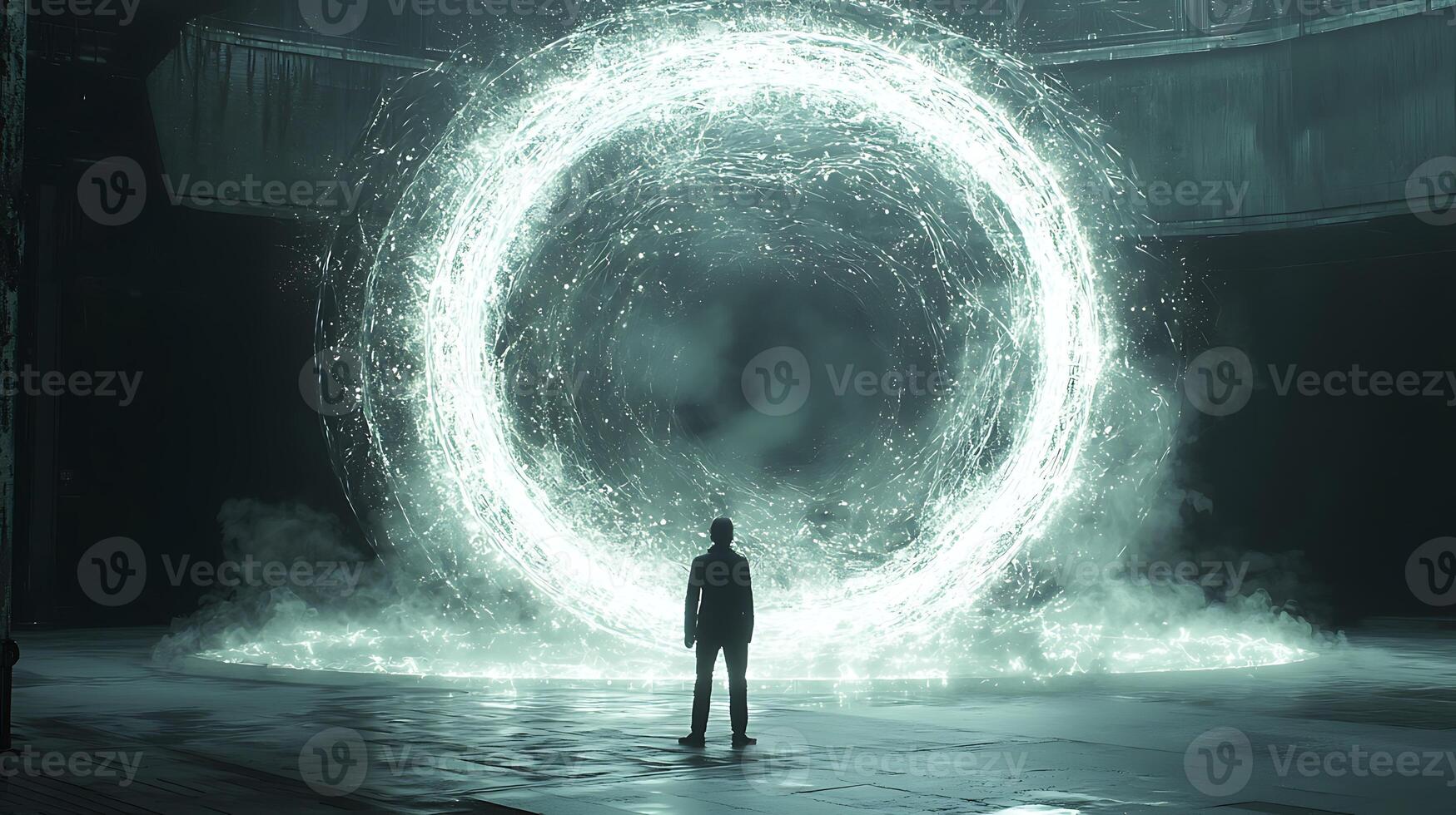 A man standing in front of a circular light photo