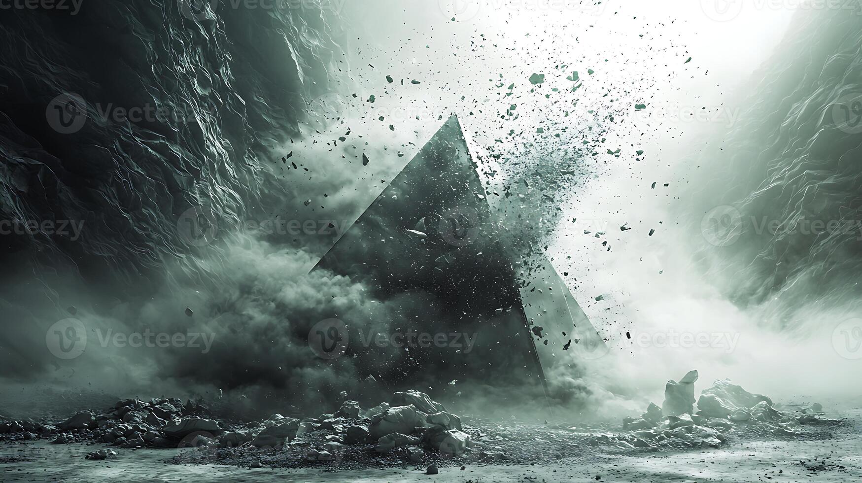 A large pyramid is in the middle of a cave photo