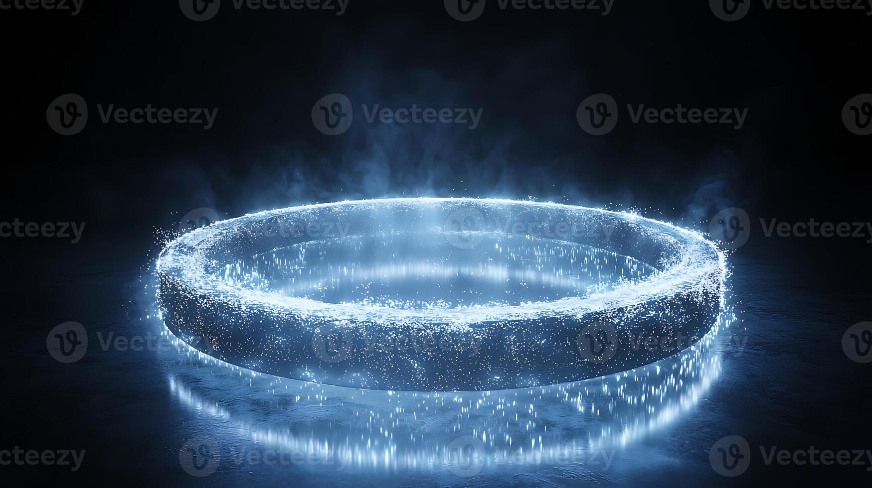 A ring of glowing blue light is shown on a black background photo