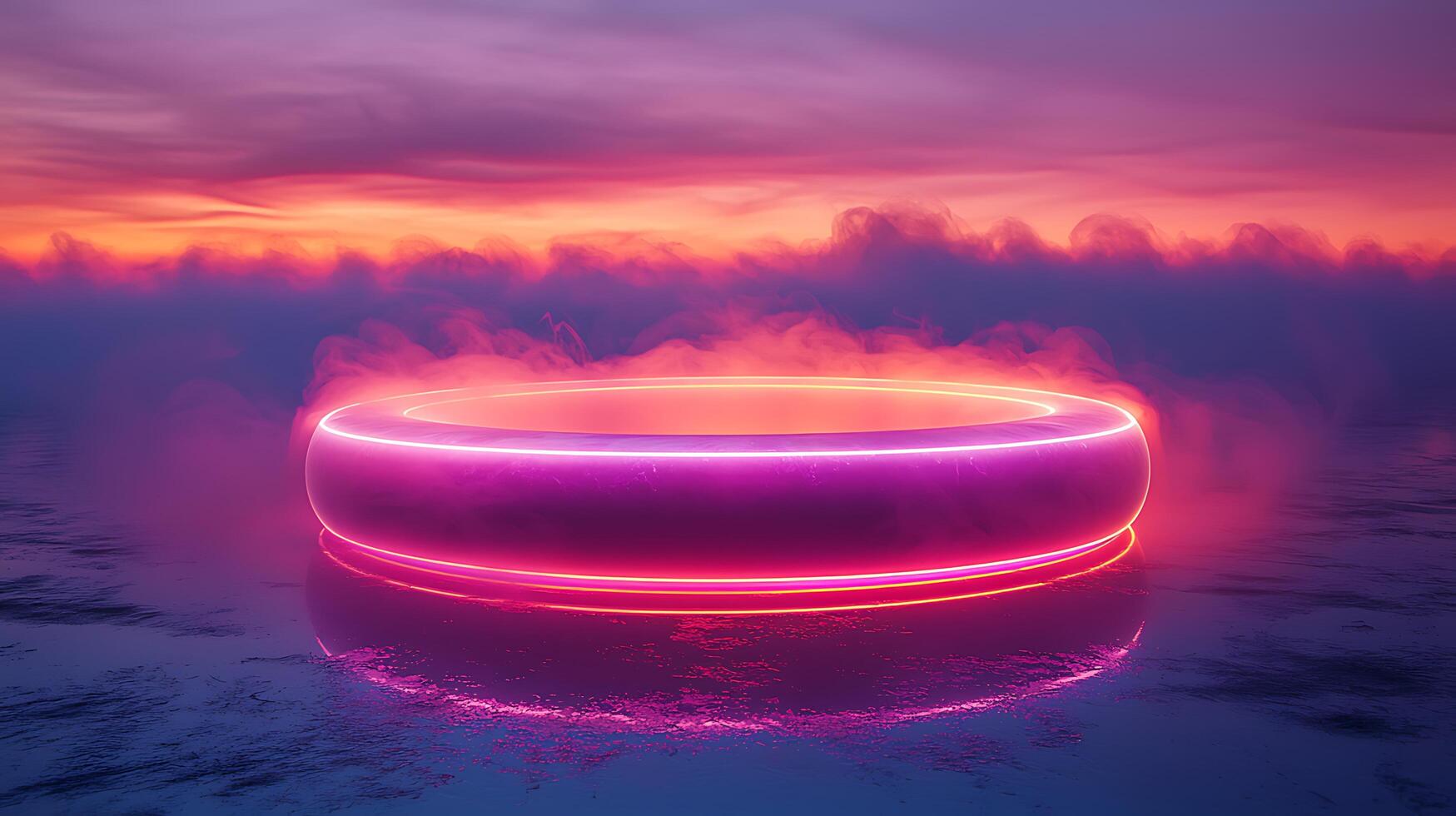 A ring floating in the water with a pink and purple light photo