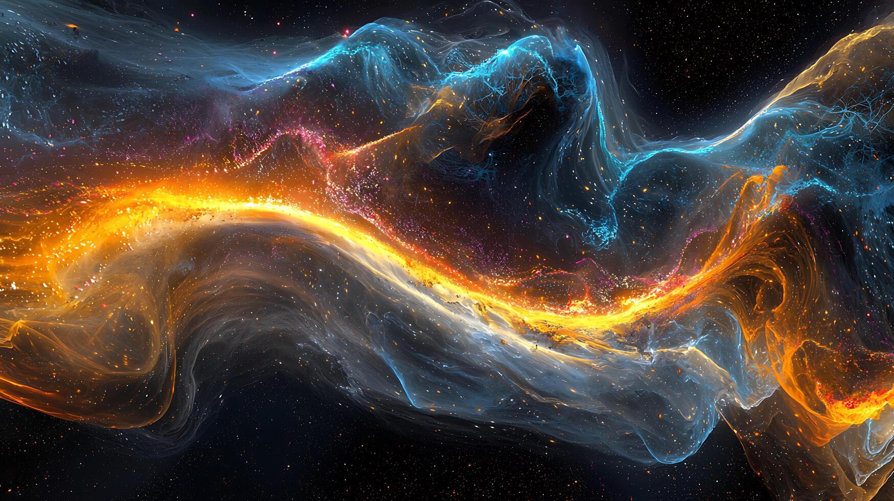 A colorful wave of light and smoke reflecting the yellow light in the dark background photo