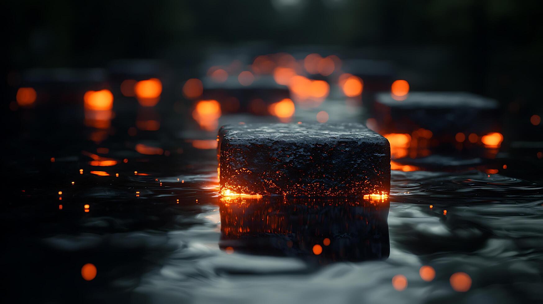 A group of blocks with fire on them in the water photo