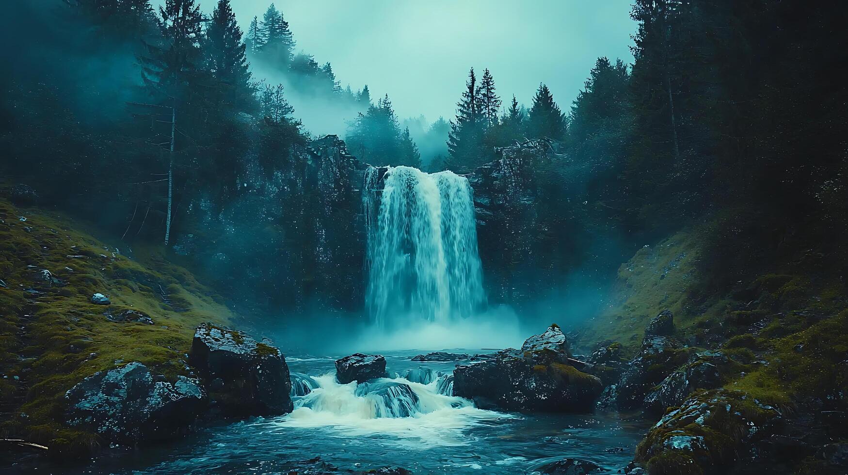 A waterfall in the forest with fog and trees photo