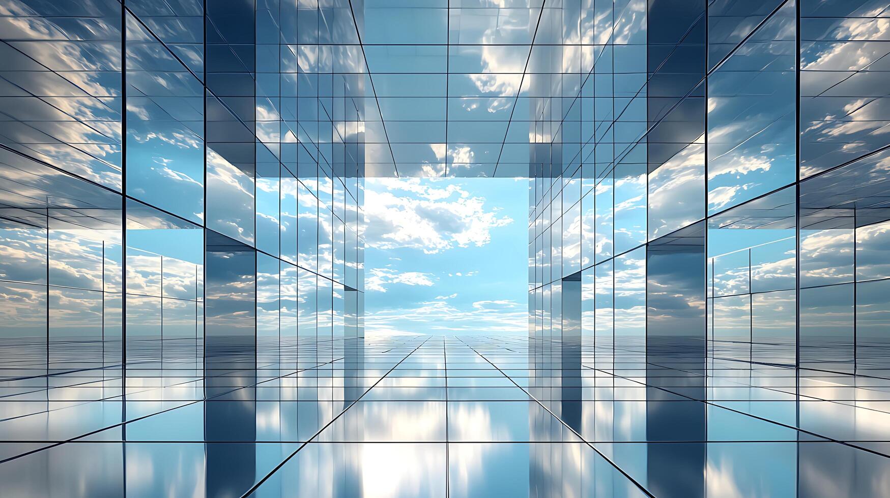 A large glass room with sky and clouds reflected in it photo