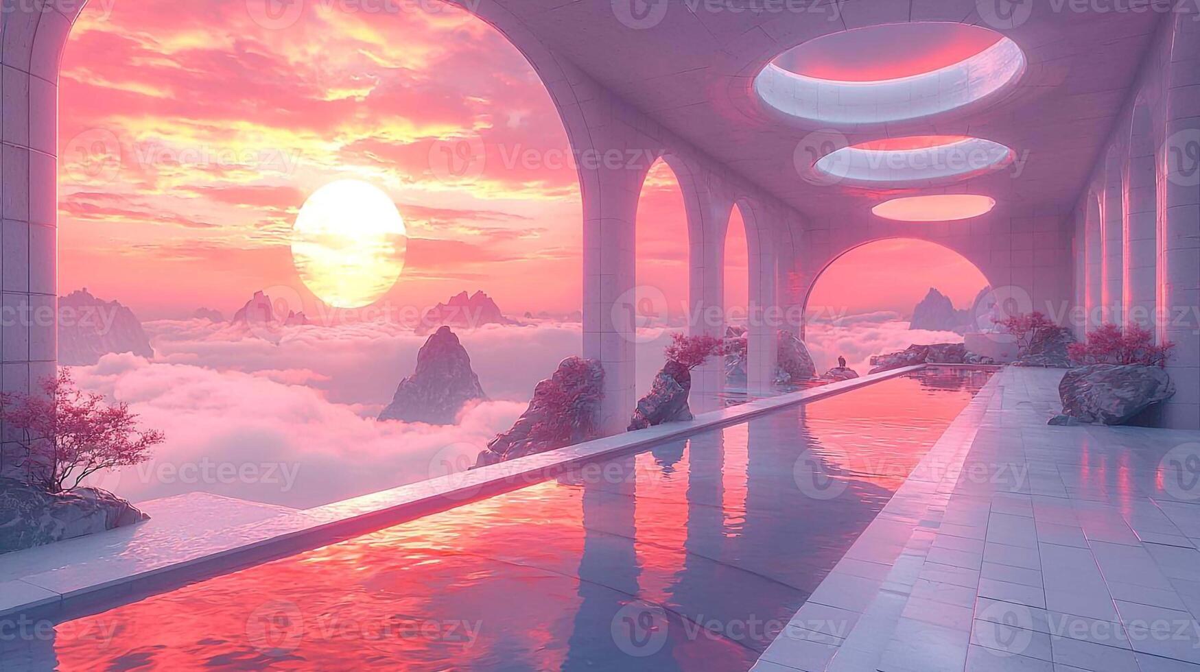 A pool in a building with a sunset in the sky photo