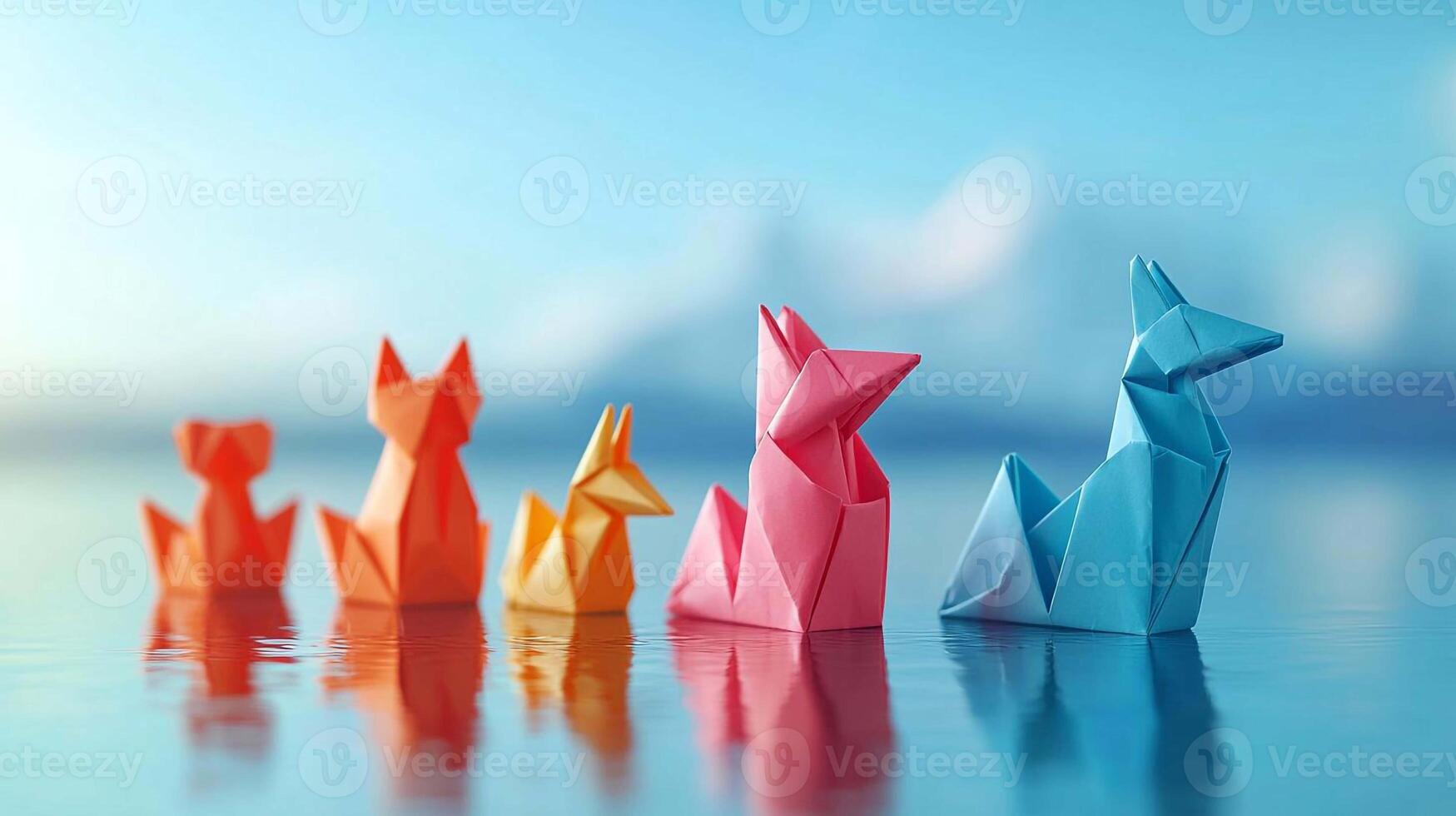 Origami animals in a row on a water surface photo