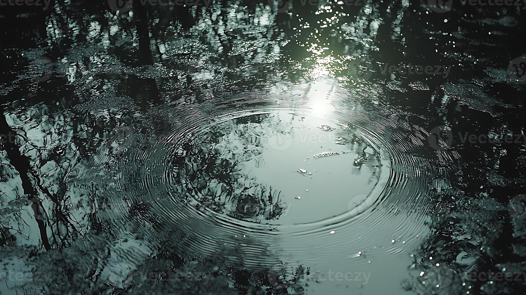 A circular reflection of trees in a pond photo