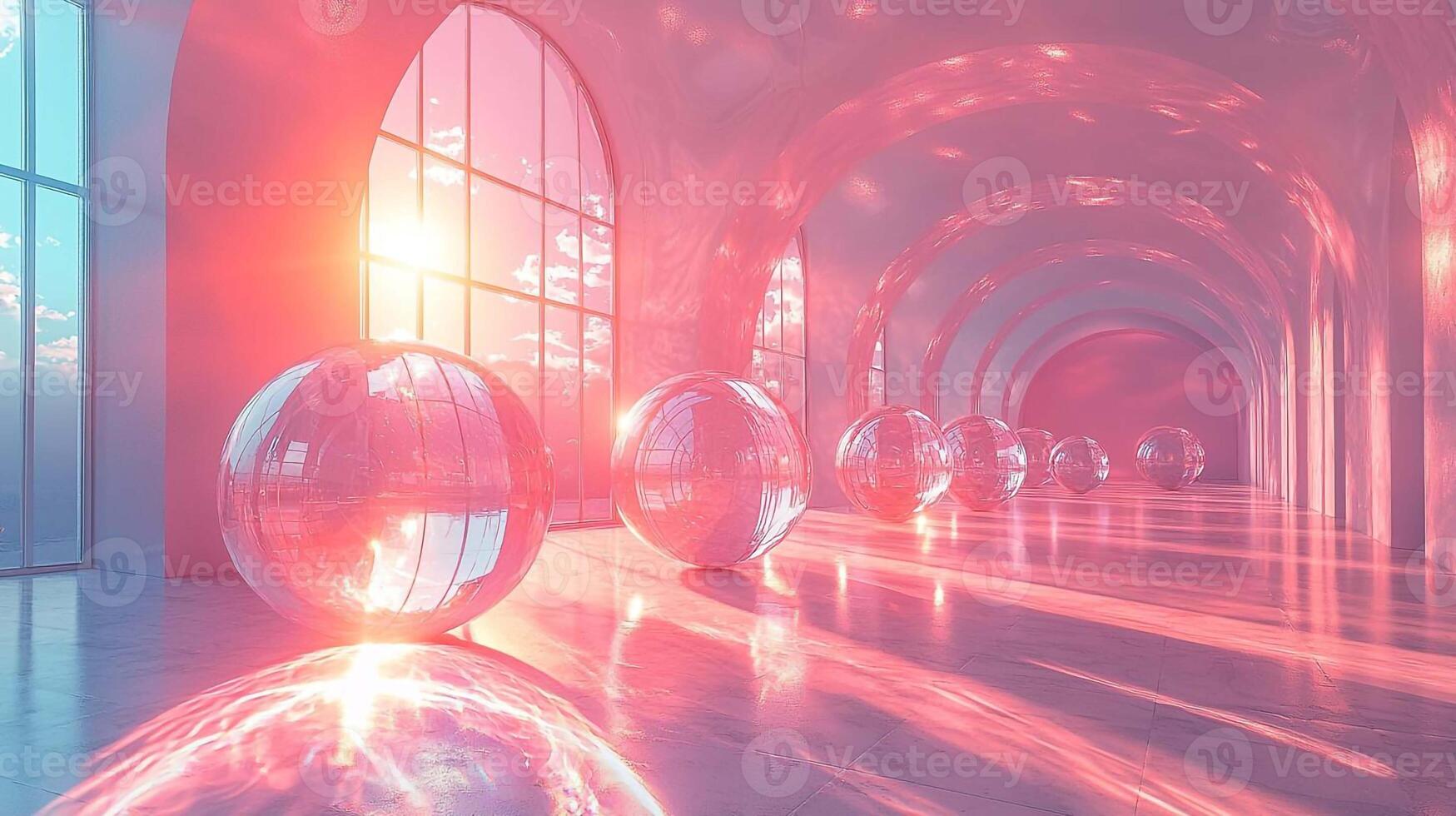 A long hallway with many glass spheres photo