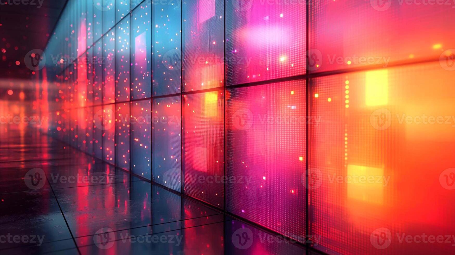 A colorful wall with lights and a red and blue background photo