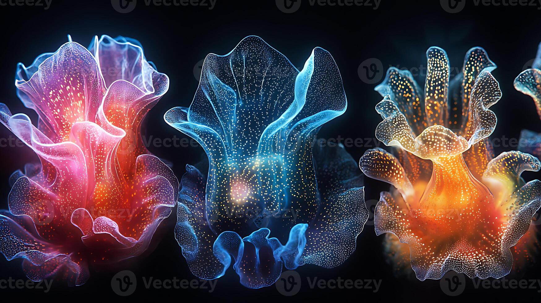 Four different colored jellyfish are shown on a black background photo