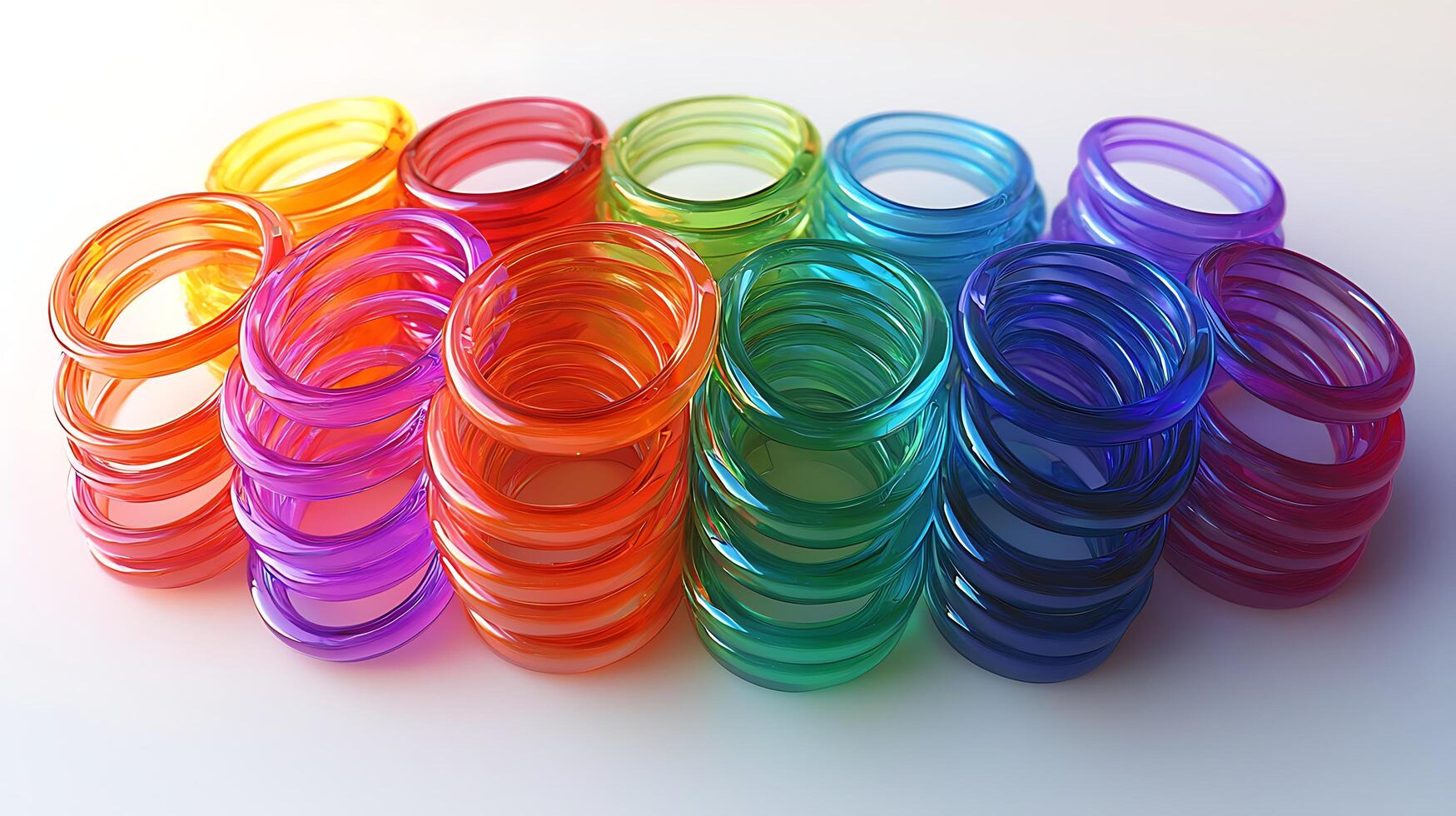 A pile of colorful rings on a white surface photo
