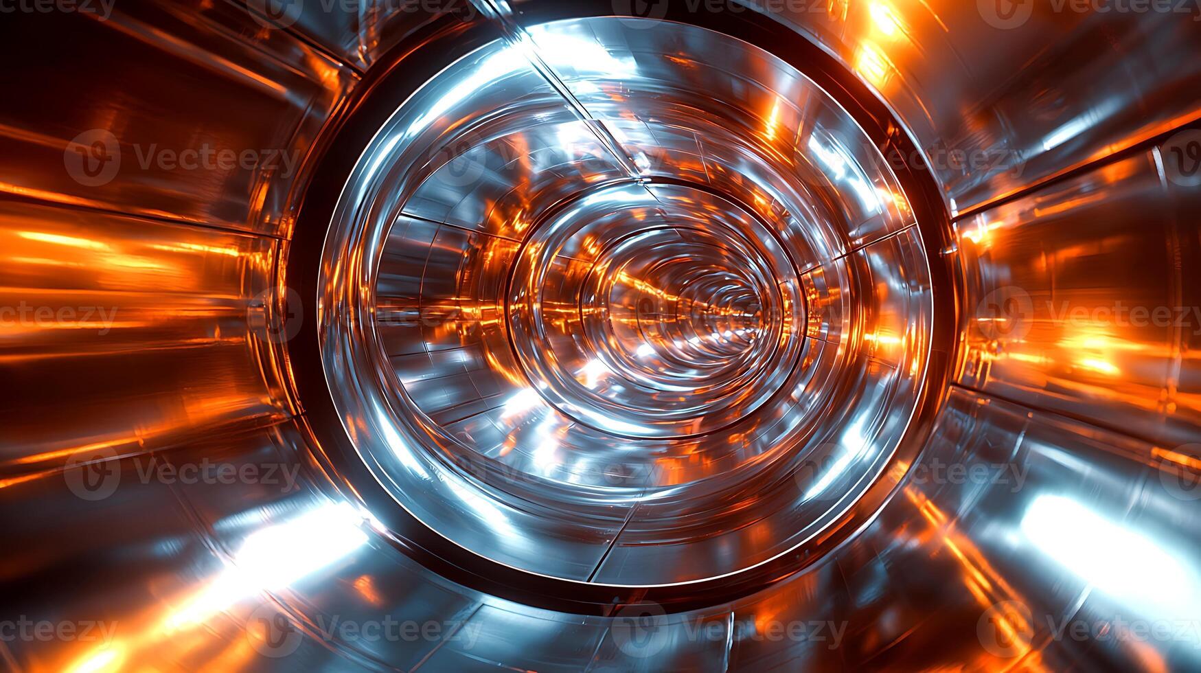 A metal tunnel with a bright light in the center photo