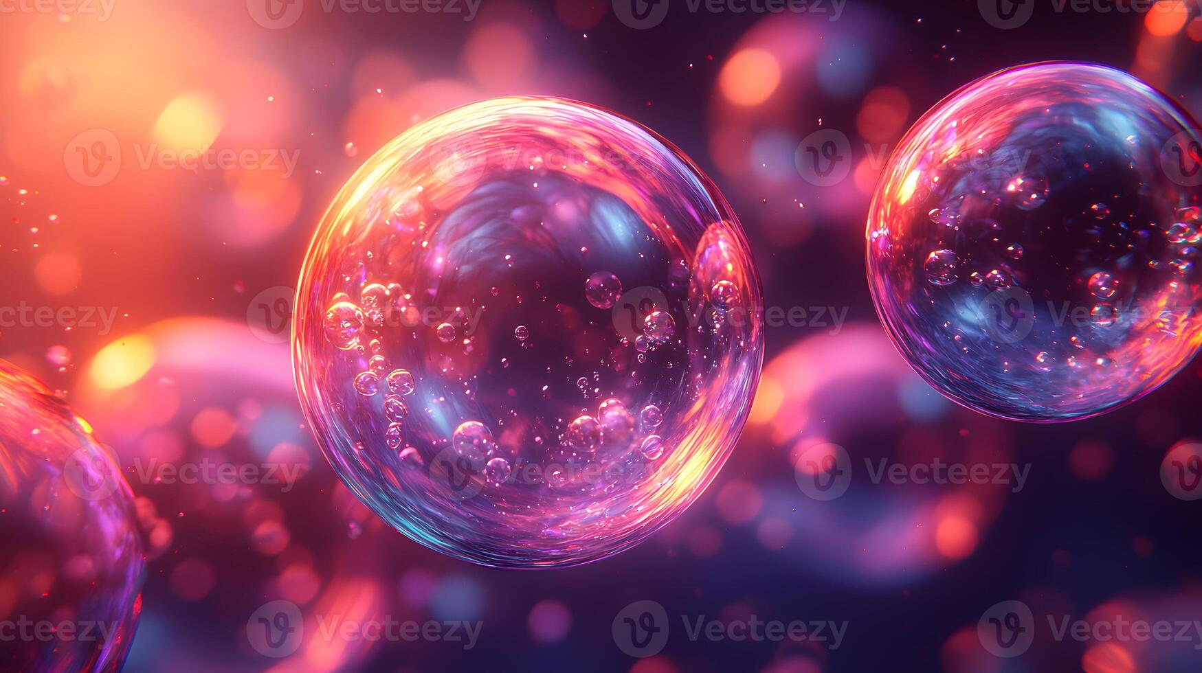3d rendering of bubbles in a dark background relecting the light photo