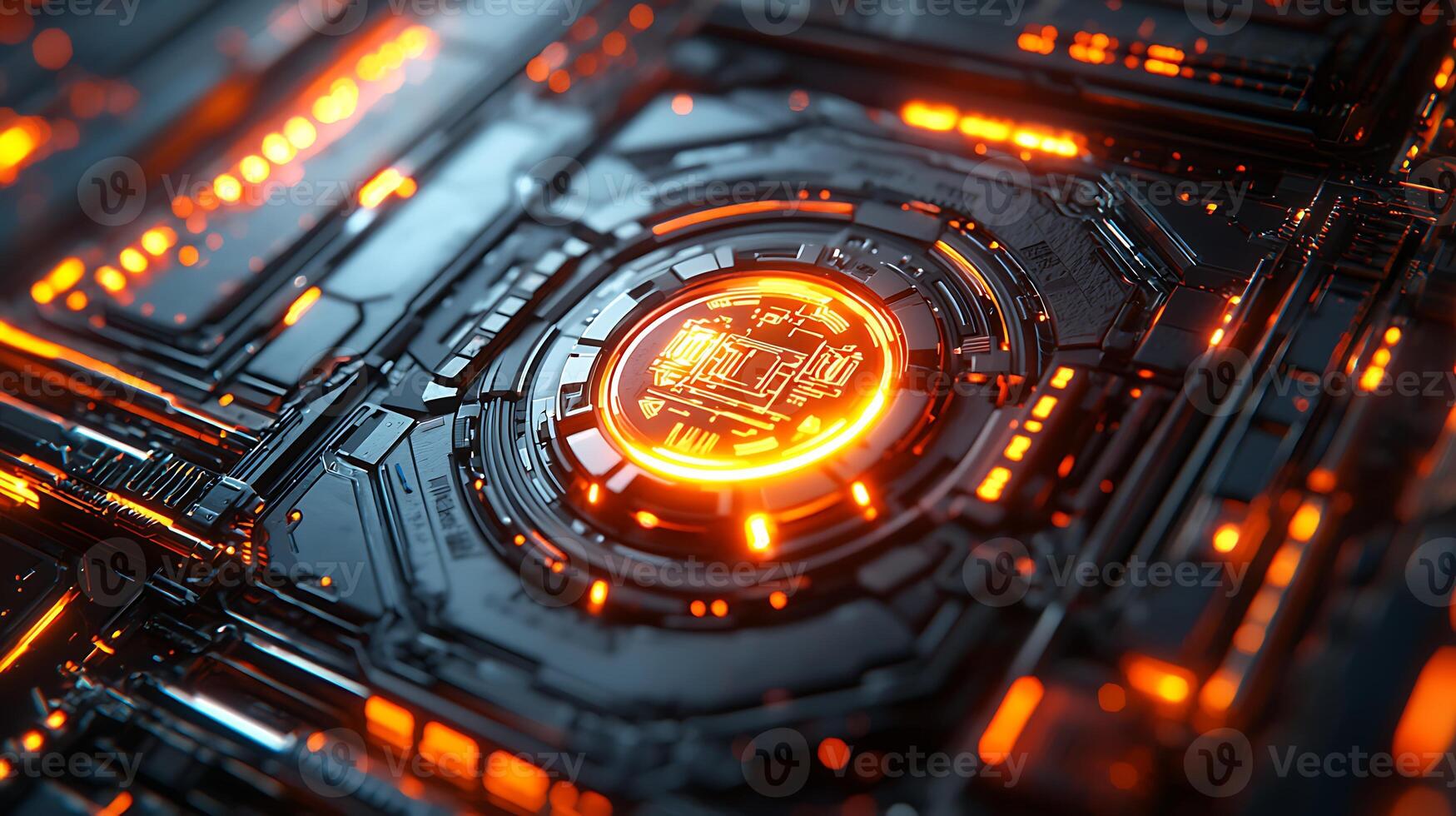 A close up of a computer chip with glowing orange light photo