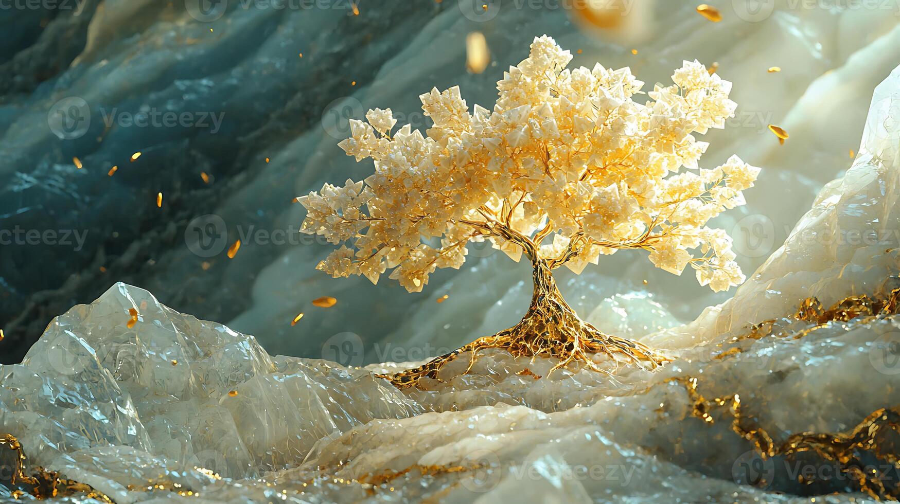 A tree is growing on top of a rock photo