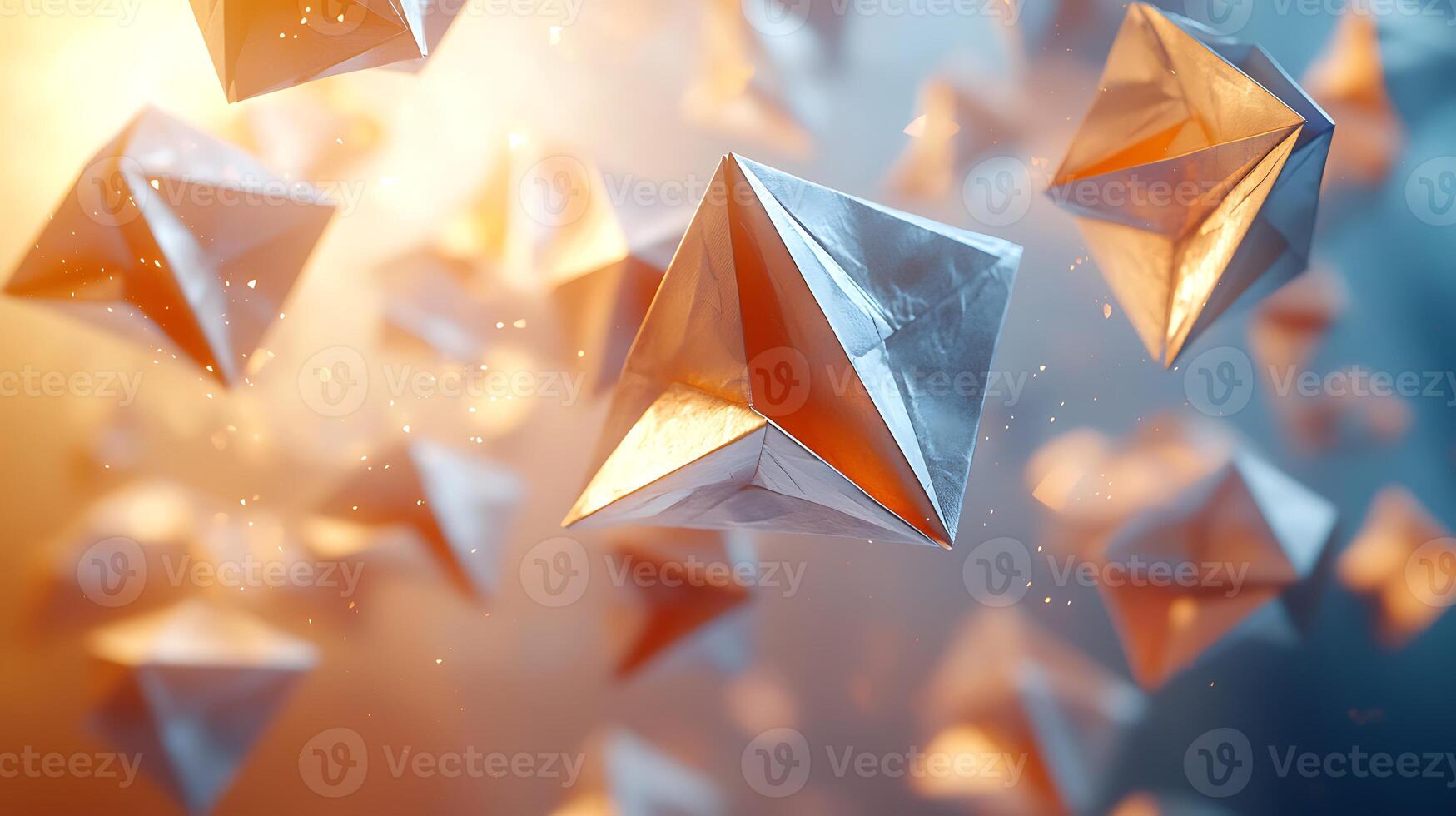 3d rendering of origami paper triangles flying in the air photo