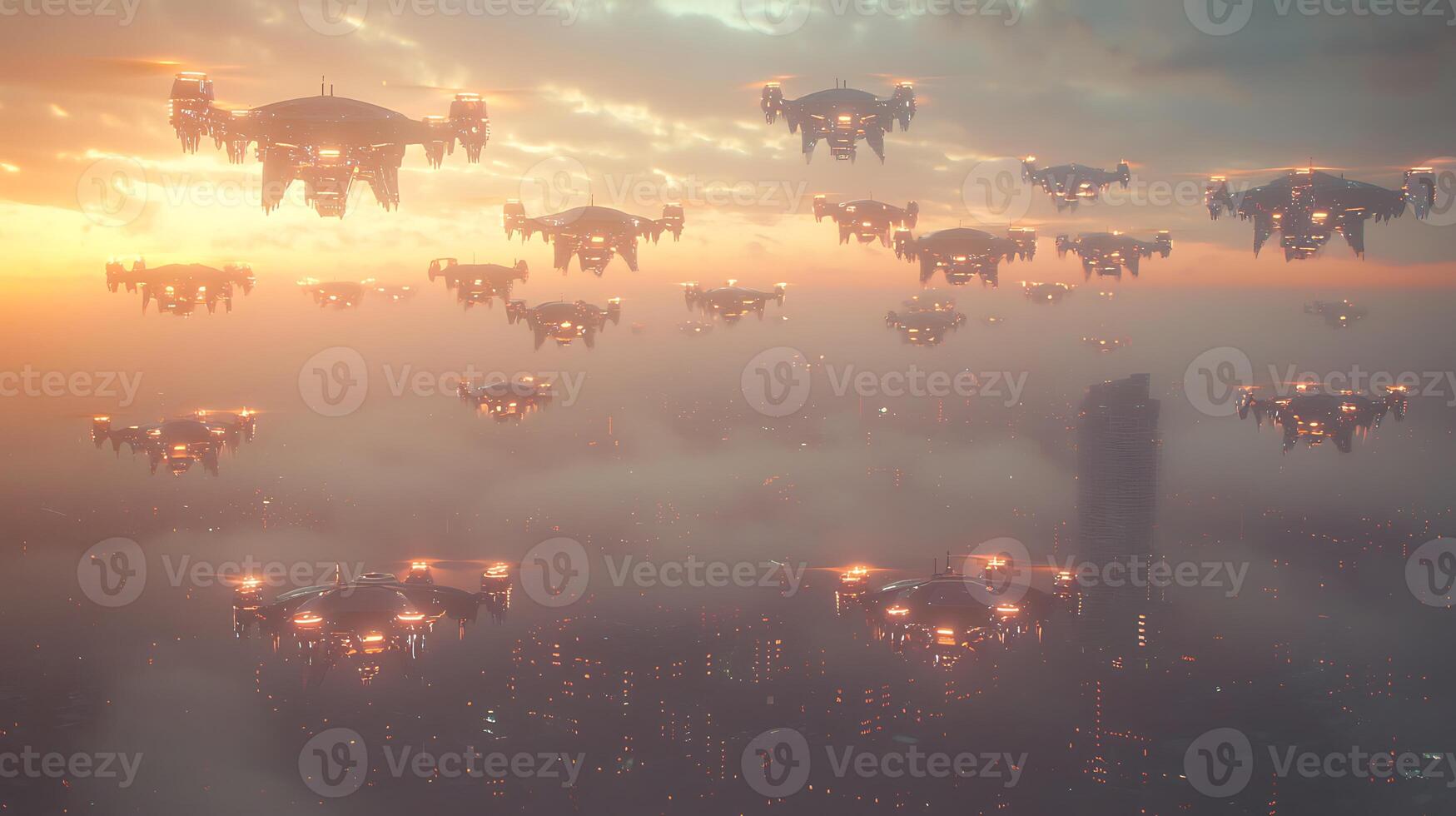 A group of flying automated drones in the sky photo