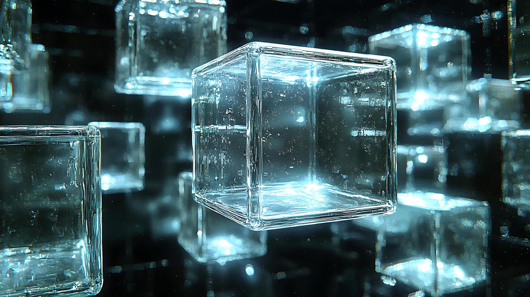 A glass cube with a light shining through it photo