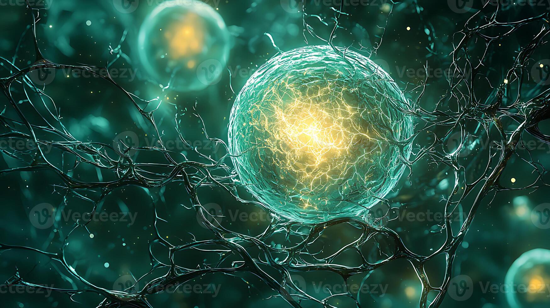 A cell with a glowing ball in the center photo