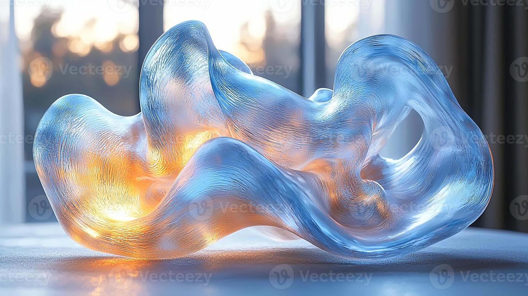 A glass sculpture of a wave on a table photo