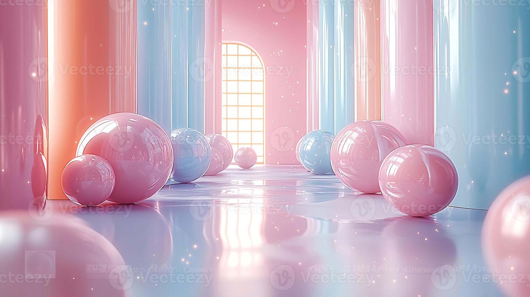 A room with many pink and blue balloons photo