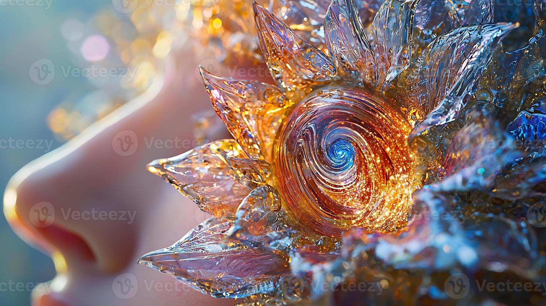 A close up of a woman's face with a flower in her eye photo